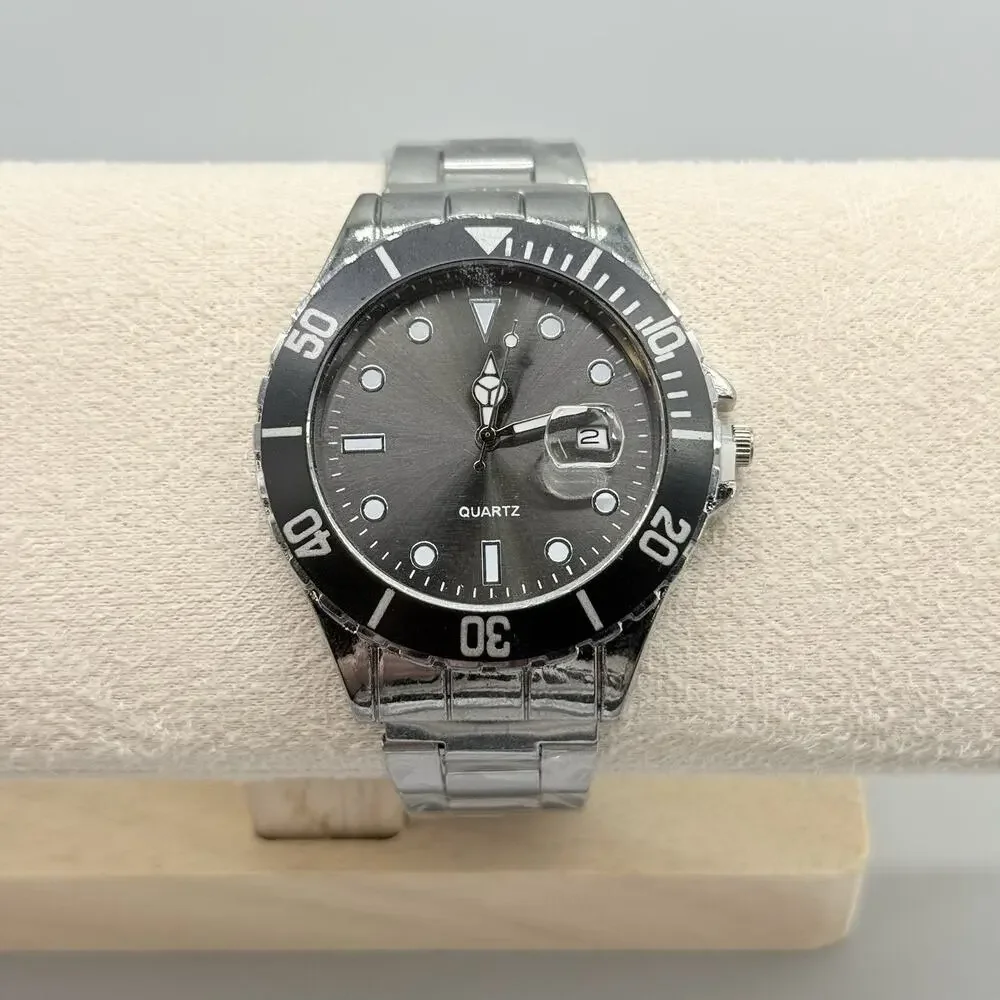 Men's Black Dial Quartz Watch Stainless Steel Submariner Style Sports Wristwatch